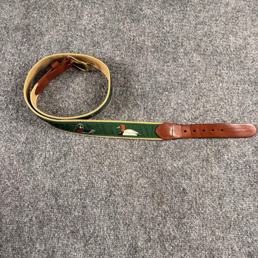 Vintage 90s Leather Man Belt Mens 34 Green Duck Mallard Preppy Hunting USA Brass